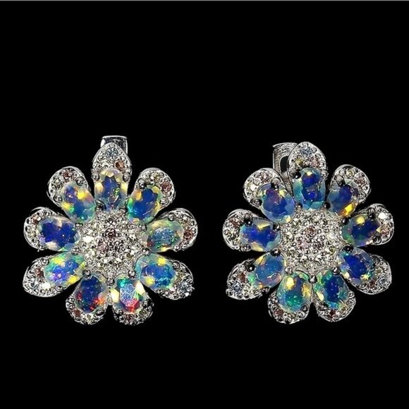 925 Sterling Silver Earrings With Natural Oval Fire Opal & Sapphire Gems